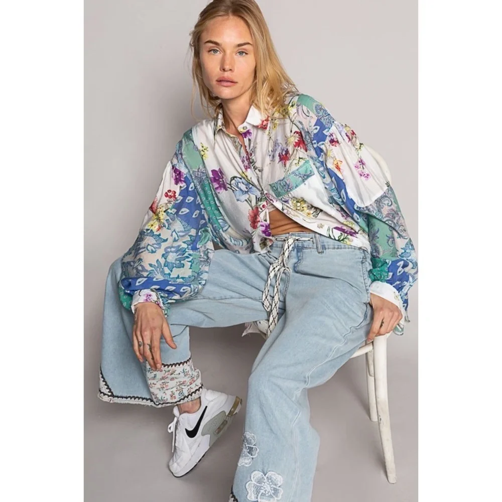 POL Ivory & Teal Blue Floral & Paisley Print Relaxed Fit Button Up Shirt - Picture 10 of 13